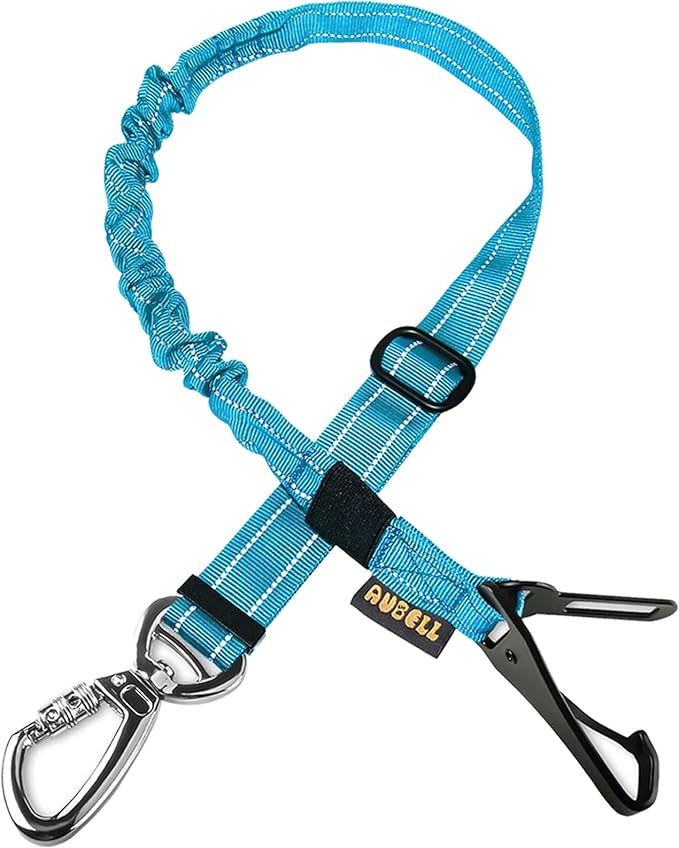 AUBELL Dog Seat Belt for Car,Updated 3-in-1 Adjustable Reflective Bungee Heavy Duty Dog Car Harness Tether with Clip Hook Latch & Buckle,Swivel Zinc Alloy Carabiner,Blue-Mewly Pet