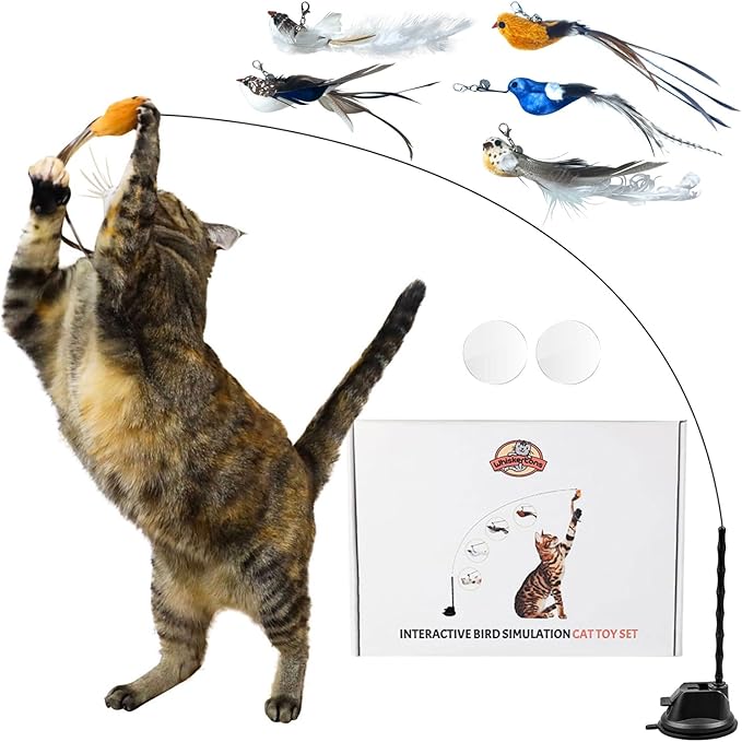 Interactive Bird Simulation Cat Toy Set, Interactive Cat Toys for Indoor Cats, Cat Feather Toy, Self-Holding Suction Base, 5 Replacement Birds, Feathers & Bells, Realistic Bird Impression-Mewly Pet