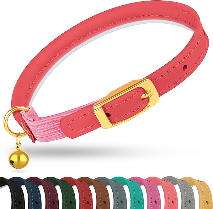 OOPSDOGGY Rolled Leather Cat Collar with Bell - Reflective Kitten Collar with Safety Elastic Strap - Adjustable Small Pet Collars for Boy Girl Cats (Pink)-Mewly Pet