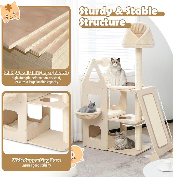 Tangkula Modern Wood Cat Tree for Indoor Cats, 64 Inch Multi-Level Tall Cat Tree with Scratching Rotatable Ball & Posts, Sisal Ramp, Hanging Basket, Large Cat Tower with Plush Perch, Washable Mats-Mewly Pet