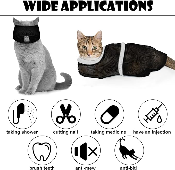 Patelai 5 Pcs Cat Bathing Bag Set Cat Grooming Bag Adjustable Pet Shower Net Muzzles Nail Clipper Tick Remover Tool Massage Brush(Black White)-Mewly Pet