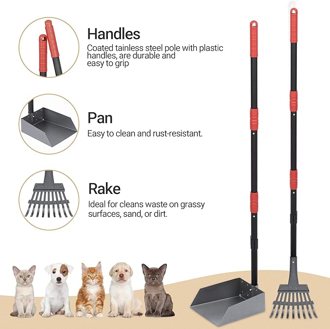 Heeyoo Dog Pooper Scooper, Dog Poop Tray and Rake Set, Pet Waste Removal Scoop with Long Adjustable Sectional Stainless Handles, 2 Pieces-Mewly Pet