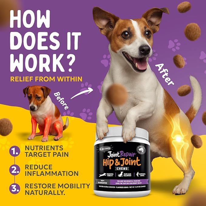 Joint Repair Hip and Joint Chews for Dogs Glucosamine, Chondroitin, MSM, Hemp, Omega 3 & Turmeric for Dog Joint Support, Mobility & Pain Relief - (120 Chicken Chews, Made in USA)-Mewly Pet