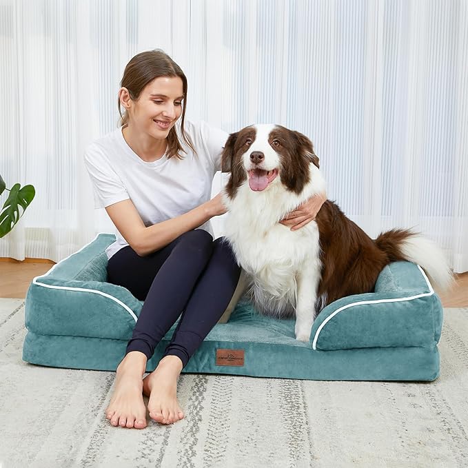 Comfort Expression Large Dog Beds Waterproof Orthopedic Foam Dog Sofa Beds Comfy Pet Bed with Washable Removable Cover & Non-Slip Bottom(Large,Washed Blue)-Mewly Pet