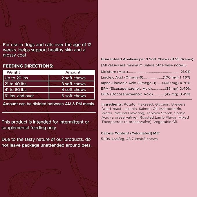 Dog Skin and Coat Supplement -360 Soft Chew Omega Treats for Skin Allergies -Salmon Oil Blend of Essential Fatty Acids, Omega 3, 6, Vitamins, Minerals -Made in USA (2 Packs of 180, Lamb Flavor)-Mewly Pet