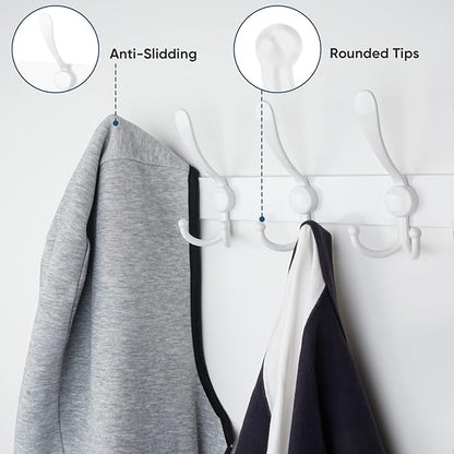 TICONN Wall Mounted Coat Rack, Five Heavy Duty Tri Hooks All Metal Construction for Jacket Coat Hat in Mudroom Entryway (White, 2-Pack)