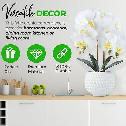 Large Artificial Orchids with Ceramic Pot, Faux Orchids for Living Room, Bathroom, Kitchen, Home, Hotel Indoor Decor (17'' White)