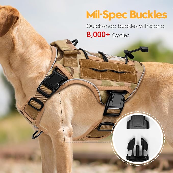 Heavy-Duty Tactical Dog Harness for Large Dogs, No Pull Adjustable Reflective Pet Vest with Molle System, K9 Military-Grade Control for Service Training, Outdoor & 10+ Breeds, Desert Camo, Medium-Mewly Pet