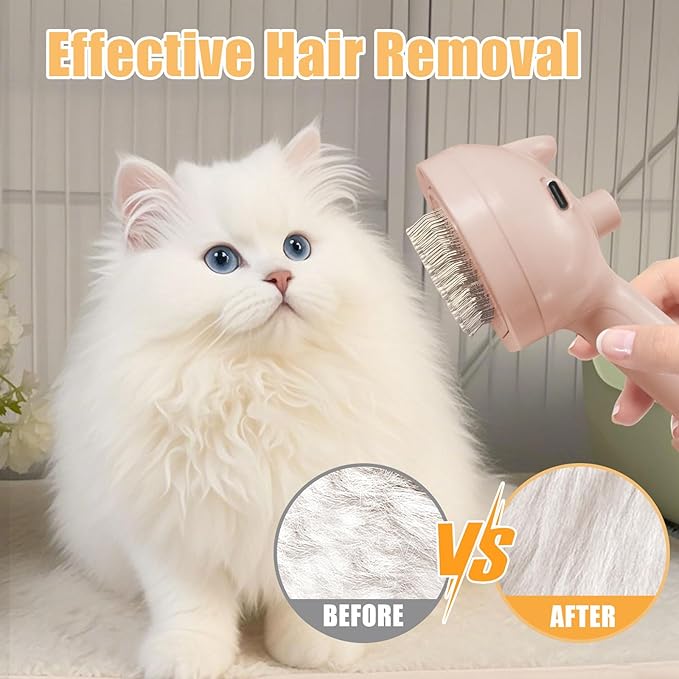Cat Steam Brush for Shedding, Pet Steam Brush for Dog with Release Button,Anti-Static Pet Spray Hair Removal Comb,Cat Spray Comb for Long & Short Haired Pets,Pink-Mewly Pet