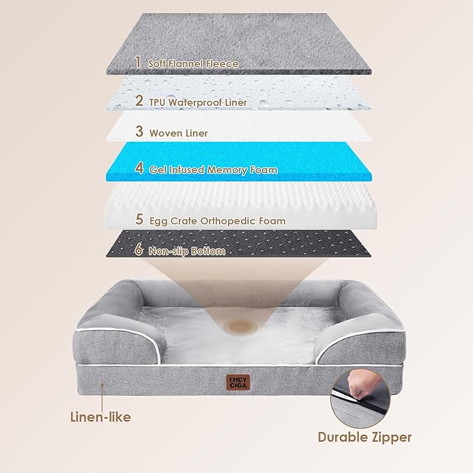 EHEYCIGA Orthopedic XL Dog Beds, Waterproof Memory Foam Dog Bed for Extra Large Dogs, Non-Slip Bottom and Egg-Crate Foam Big Pet Couch Bed with Washable Removable Cover, Grey-Mewly Pet