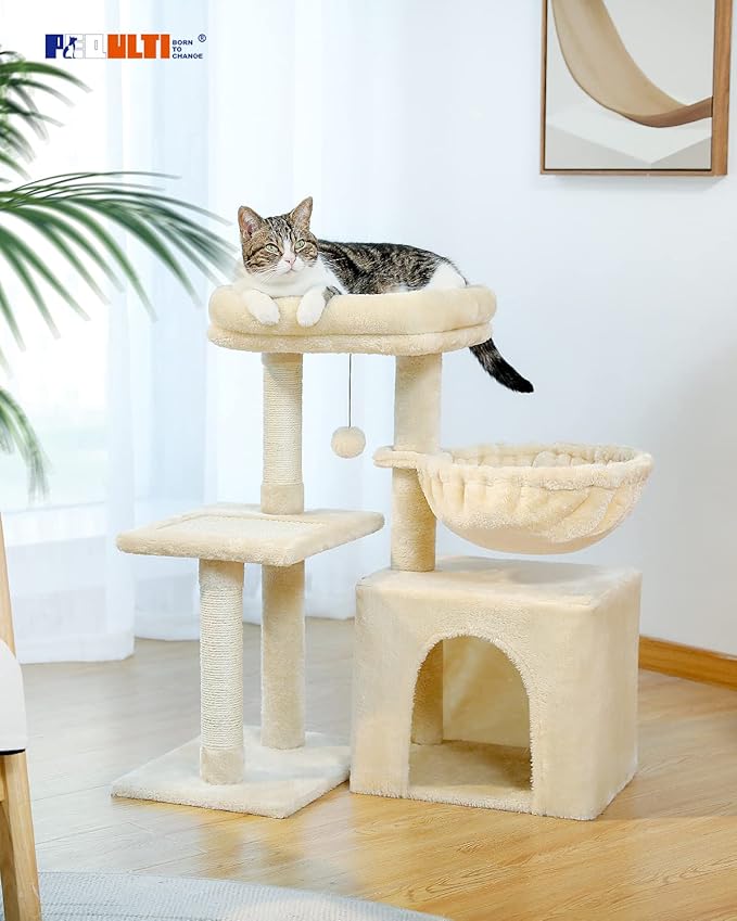 PEQULTI Small Cat Tree, [28.5''] Cat Tower for Indoor Cats, 2 Styles Activity Tree with Cat Scratching Posts, Big Hammock and Removable Top Perch Beige-Mewly Pet