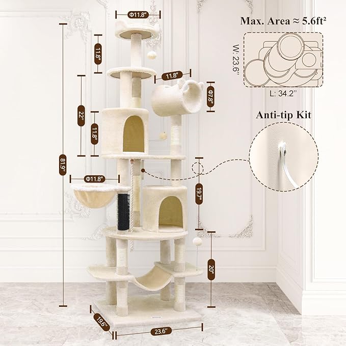 Globlazer Artistic Curved Cat Tower for Small Cats (Under 12 lbs), 81-inch Slim Design Cat Tree with Space-Saving Design, Indoor Cat Condo with Hammock & Tunnel, C81, Beige, Non-Large Cats-Mewly Pet