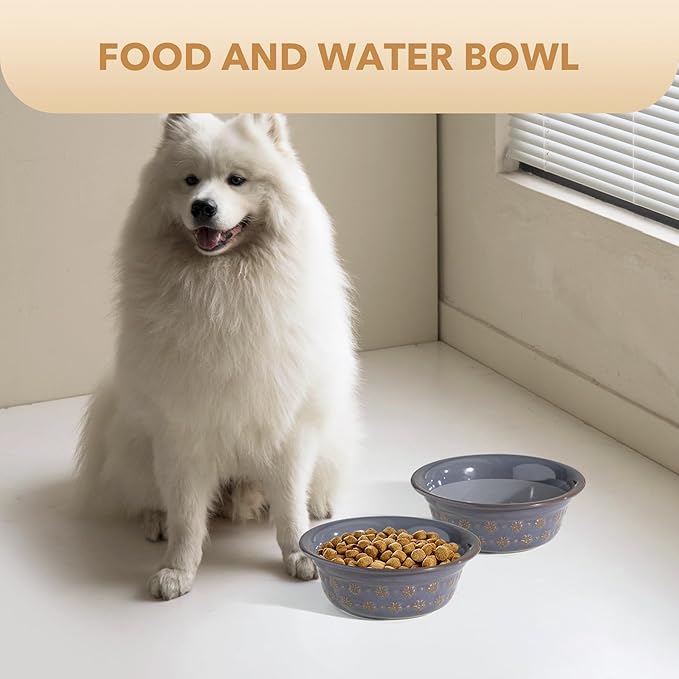 Ceramic 8.7inch Dog Bowl for Large Dog, Basic Food and Water Bowl for Replacement, Wide Opening Rounded Edge(Single Bowls, Reactived Glaze -Grey)-Mewly Pet