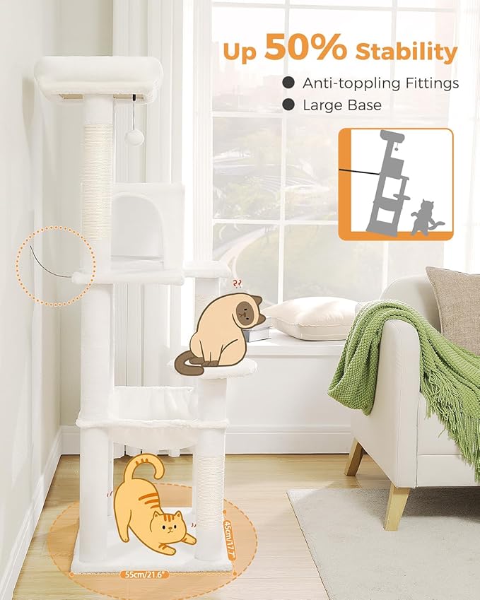 Cat Tree for Large Cats with Metal Plush Big Hammock, 56.3" Cat Tower for Indoor Cats with 2 Door Condo House, 6-Tier Cat Shelves with Scratching Posts and Large Top Perch, Cream White-Mewly Pet