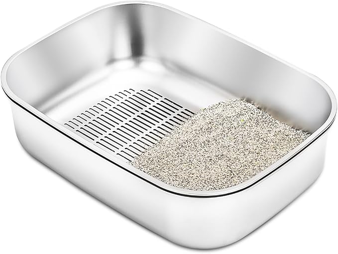 Stainless Steel Sifting Litter Box with Lid, Metal Litter Pan with Scoop for Big Cats Multi Cat, Extra Large Cats Litterbox Odor Control, Easy Clean (23*16.5*16.5inch-with Enclosure, X-Large)-Mewly Pet