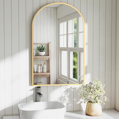 DUMOS Gold Metal Arch Vanity Rounded Rectangle Bathroom Mirrors for Over Sink Wall, 24x37 Inch Large Matte Mirror, Modern Decorative for Restroom, Farmhouse