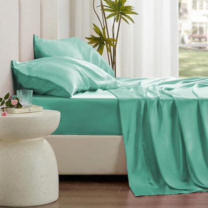 Love's cabin Satin King Sheet Sets - 4 Piece Aqua Silky Sheets King Size Bed Set with Deep Pocket, Luxury Silk Feel King Size Satin Sheet Set (1 Flat Sheet,1 Fitted Sheet,2 Pillow Cases)