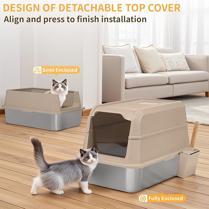 Stainless Steel Litter Box with Lid, XL Extra Large Cat Litter Box, Enclosed Metal Litter Pan with High Sided Enclosure & Scoop, Anti Leakage, Easy to Clean, Odor Control(Khaki)-Mewly Pet