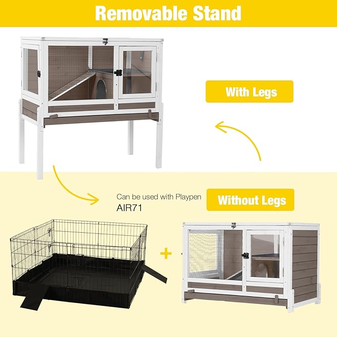 Aivituvin Rabbit Hutch with Stand Wooden Bunny Cage Indoor 2 Story Guinea Pig House with Anti Chew Ramp, No Leak Tray, Hideout, Wire Mesh (Brown)-Mewly Pet