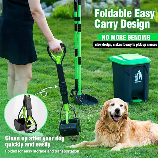 MXF Pooper Scooper Set - 28" Dog Pooper Scooper & Long Handle Stainless Metal Tray&Rake, 15 Litre Step Dog Poop Trash Can w/Removable Inner Bucket, 20 Waste Bags for Outdoors-Mewly Pet