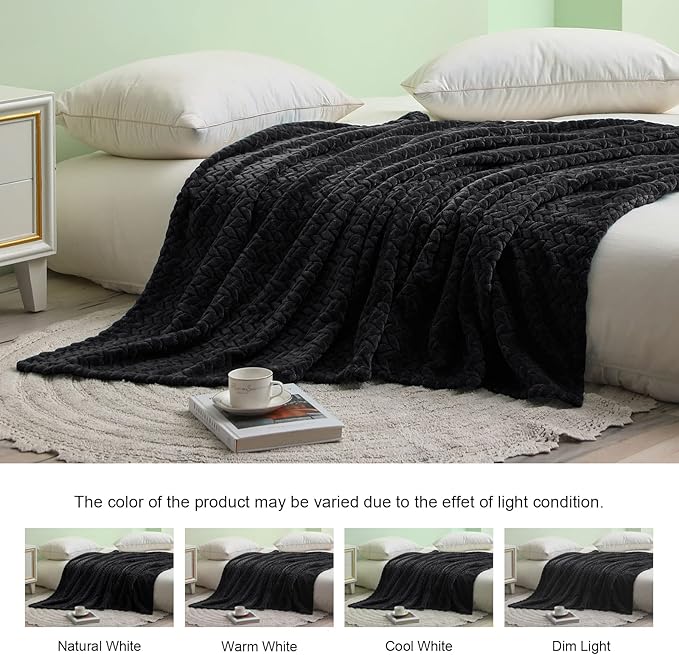 Exclusivo Mezcla Fleece Queen Size Blanket for Bed, 90x90 Inches Soft Cozy Jacquard Flannel Blankets, Lightweight Fuzzy Plush Warm for Winter, Black