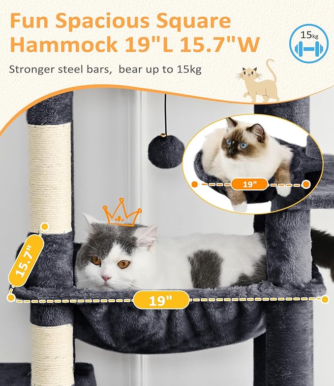 Cat Tree Large Cat Tower Tree 68" Multi-Level Cat Tower for Indoor Cats with Sisal Scratching Posts, Widen Cat Perche, Square Hammock, 2 Widen Condos, Scratching Posts, Grey-Mewly Pet
