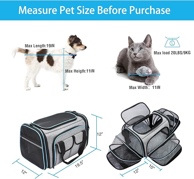 Airline Approved Pet Carrier, Large Soft Sided Pet Travel TSA Carrier 4 Sides Expandable Cat Collapsible Carriers with Removable Fleece Pad and Pockets for Cats Dogs and Small Animals-Mewly Pet