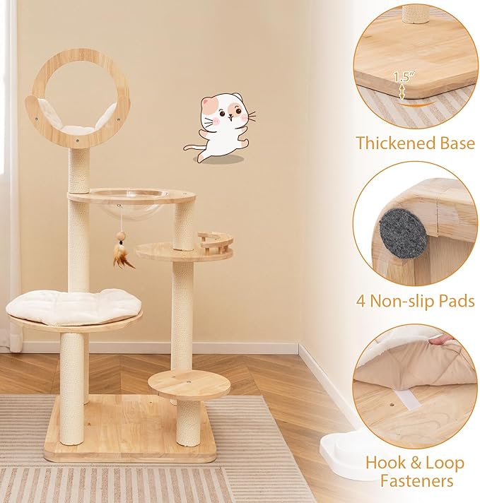 Tangkula Solid Wood Cat Tree, 4-in-1 Building Block Large Cat Tower with Space Capsule Nest, Scratching Posts, Padded Platform, Hanging Toy, Cat Tree Tower with 4 Transformations for Indoor Cats-Mewly Pet