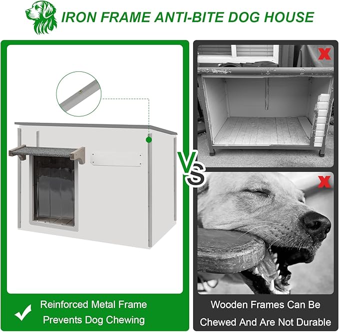 Dog House Outdoor Weatherproof & Wooden Dog Kennel with Chew-Proof Iron Frame，Removable Floor, Adjustable Vent Window, Easy Assembly for Large and Medium Dogs 43.3" D x 29.5" W x 33.5" H-Mewly Pet