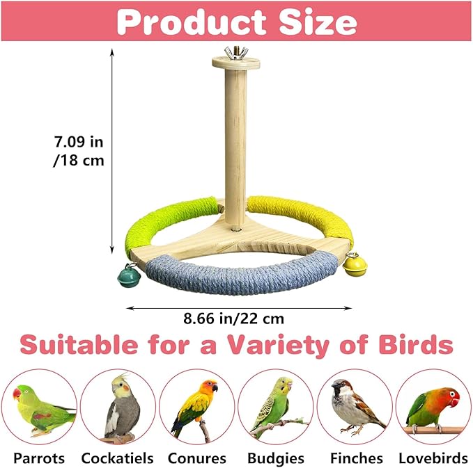 PINVNBY Hanging Bird Stand Perch Toy Wooden Spinning Parrot Perch with Cotton Rope and Bell Interactive Cockatiel Toy Bird Cage Accessories for Parakeets Conures Budgies Finches Lovebirds-Mewly Pet