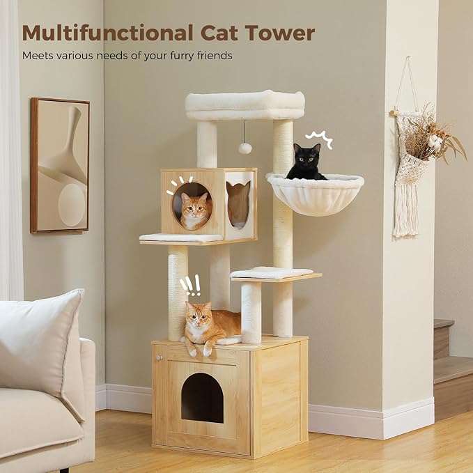 PEQULTI 57.5" Cat Tree with Litter Box Enclosure Large, Wood Cat Tower for Indoor Cats with Storage Cabinet and Cozy Cat Condo, Sisal Covered Scratching Post and Repalcable Dangling Balls, Beige-Mewly Pet
