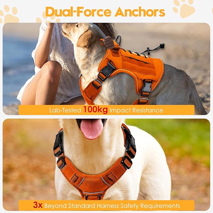 Heavy-Duty Tactical Dog Harness for Large Dogs, No Pull Adjustable Reflective Pet Vest with Molle System, K9 Military-Grade Control for Service Training, Outdoor & 10+ Breeds, Orange, XX-Large-Mewly Pet