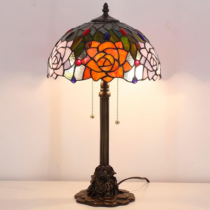 Tiffany Stained Glass Table Lamp 12X12X21Inch Resin Base Desk Bedroom Living Room Reading Light (Purple Orange Rose Flower)