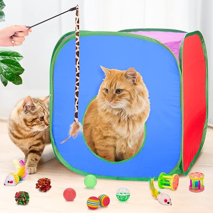 Retro Shaw 33Pcs Cat Toys for Large Cats, Interactive Kitten Toys for Indoor Cats Kitty with Collapsible Game Tunnel Tube Tent Feather Wand Teaser Bell Fuzzy Ball Springs Mouse Toys-Mewly Pet