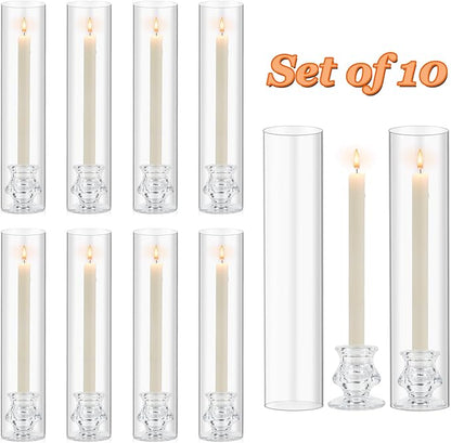 Hurricane Glass Candle Holders, Set of 10 Candlestick Holders for Taper Candle with 11.8" Tall Windproof Cylinder Covers Candle Stand Bulk for Table Centerpieces on Wedding Birthday Housewarming Decor