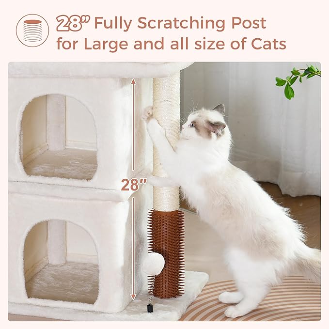 Cat Tree with Large Top Bed 17.7x15.7” Small Cat Tower with Dual Condos,28” Fully Scratching Post and Self Groomer for Indoor Cats-Beige-Mewly Pet