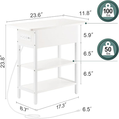 Yoobure End Table with Charging Station, Flip Top Side Table with USB Ports and Outlets, Sofa Couch Table Bedside Table for Living Room Bedroom, Narrow Nightstand with Storage Shelves for Small Spaces