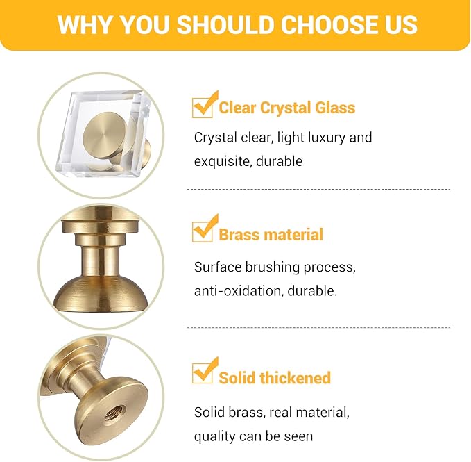 6-Pack 1-1/4-Inch White Cabinet Glass Crystal knobs Brass Drawer Round Knobs Dresser Pulls, Gold Hardware Kitchen Closet knobs for Bifold Doors (Square-1.2inch, 6-Pack)