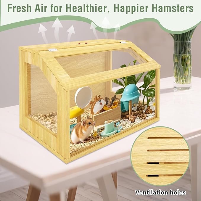 24" Wooden Hamster Cage, Chewproof Gerbil Cages and Habitats, Openable Top Roof Window with Silencing Pad, Guinea Pig Cage for Small Animals, Dwarf and Syrian Hamster, 24 x 16 x 16 Inches-Mewly Pet