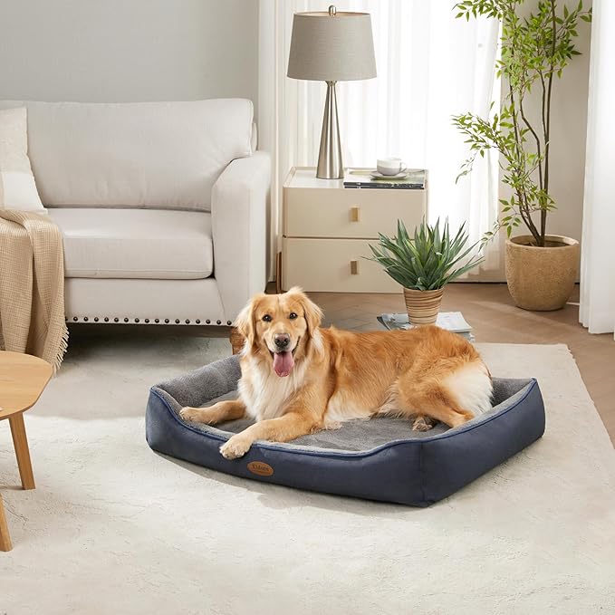 Orthopedic Dog Beds for Medium Dogs, Durable Egg Crate Foam Sofa Dog Bed wit Washable Removable Cover,Waterproof Lining,Pet Bed for Large Dogs (Navy Blue-Velvet, 39.4" L x 31.5" W x 7.4" Th)-Mewly Pet