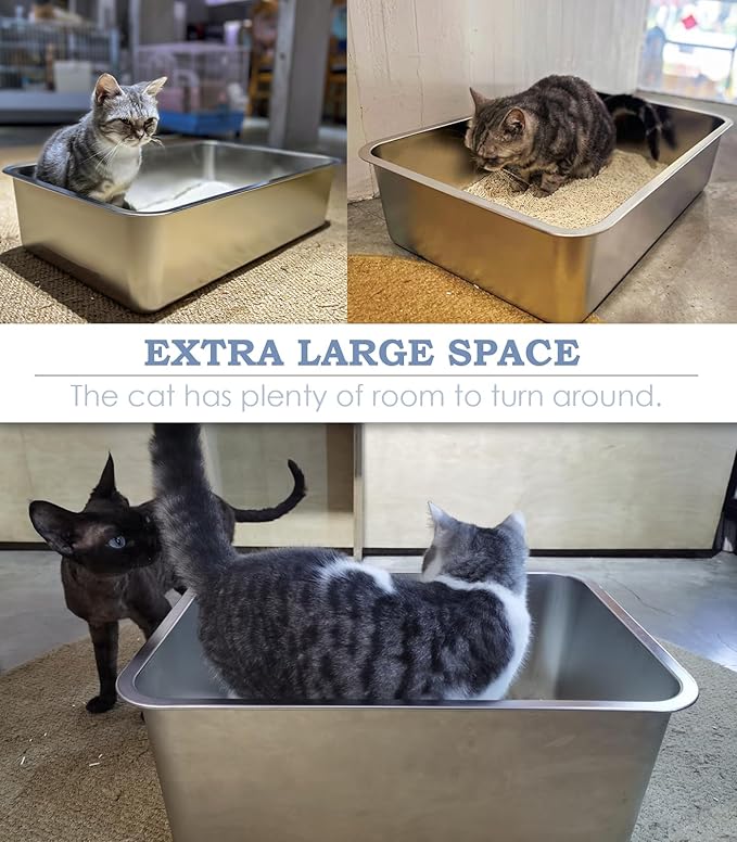Stainless Steel Cat Litter Box, 4in Shallow Litter Box for Senior Cats and Kittens, Extra Large Metal Litter Pan Nonstick Odor Control Anti-Corrosion-Mewly Pet