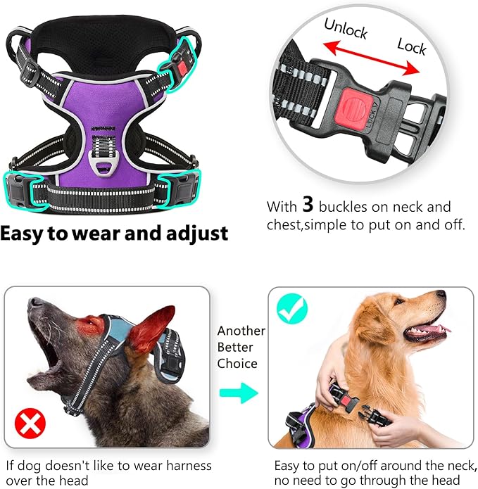 Timos Dog Harness Medium Sized, No Pull with Neck Lockable Snap,No Choke Front Clip Dog Reflective Harness,Adjustable Metal Rings 3 Buckles,Easy Control Handle for Medium Dogs Purple M-Mewly Pet