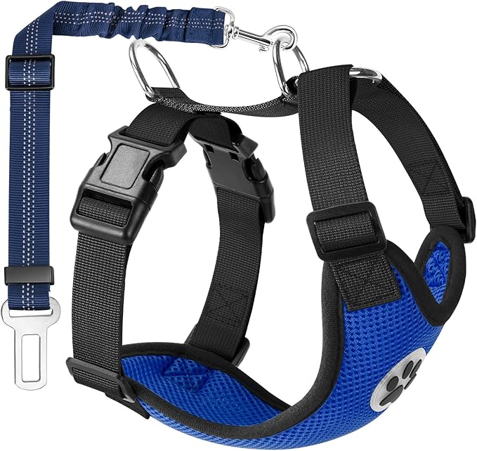 Lukovee Dog Seat Belt for Car, Adjustable Dog Car Harness for Large Medium Small Dogs, Soft Padded & Breathable Mesh Dog Seatbelt with Car Vehicle Connector Strap (Blue,Small)-Mewly Pet