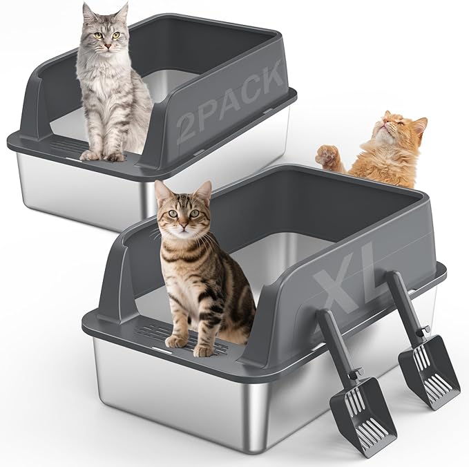 2PACK Stainless Steel Litter Box, Extra Large Litter Boxes for Big Cats, XL Metal Cat Litter Box with Lid High Sides, Anti-Urine Leakage, Non-Sticky, Scoop Included-Mewly Pet