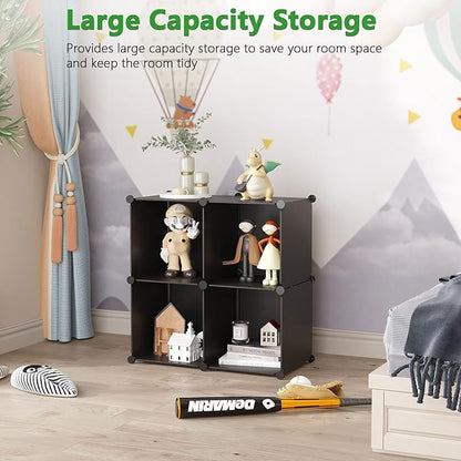 C&AHOME Cube Storage Organizer, 4-Cube Shelves Units, Closet Cabinet, DIY Plastic Modular Book Shelf, Ideal for Bedroom, Living Room, Office, 24.8" L x 12.4" W x 24.8" H Black SHS04A
