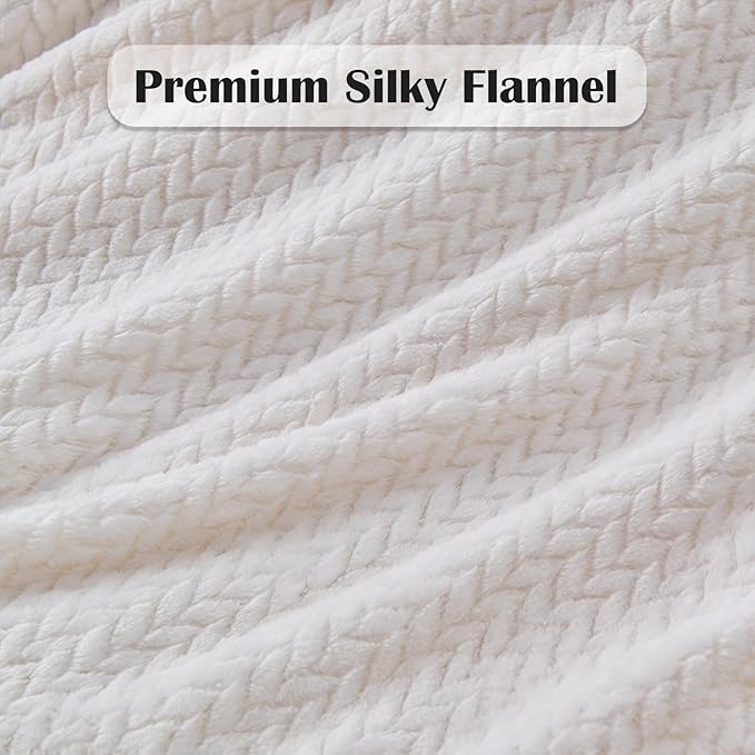 NEWCOSPLAY Super Soft Queen Blanket Ivory Premium Silky Flannel Fleece Leaves Pattern Lightweight Bed Blanket All Season Use (Ivory, Queen(90"x90"))