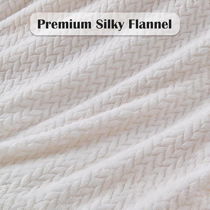 NEWCOSPLAY Super Soft Queen Blanket Ivory Premium Silky Flannel Fleece Leaves Pattern Lightweight Bed Blanket All Season Use (Ivory, Queen(90"x90"))