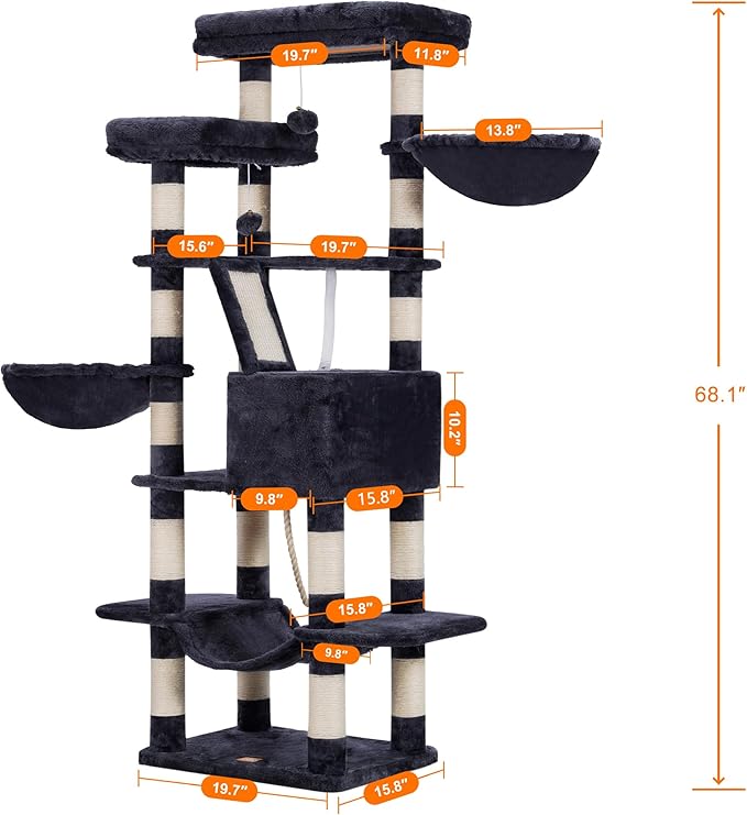 Heybly Cat Tree, 68 inch Multi-Level Cat Tower for Indoor Cats, 2 Widened Plush Perches Cat Condo with Scratching Board and Big Caves, Smoky Gray HCT025G-Mewly Pet