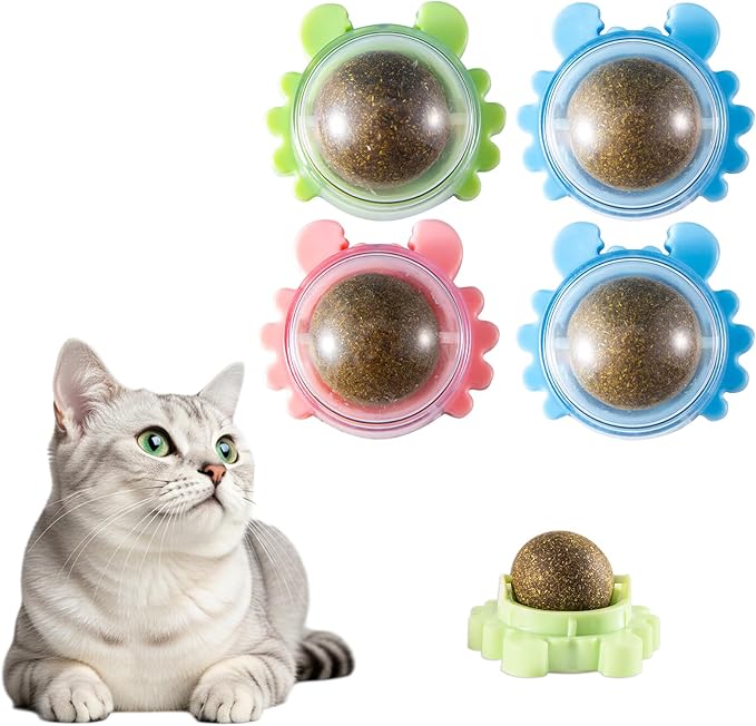 Catnip Toys 4 Pack Catnip Balls Catnip Wall Ball 360° Rotatable Chewing Teeth Cleaning Edible Cat Interactive Toys Indoor Play with Cats Wall Anxiety Relief Cat Chew Ball-Mewly Pet