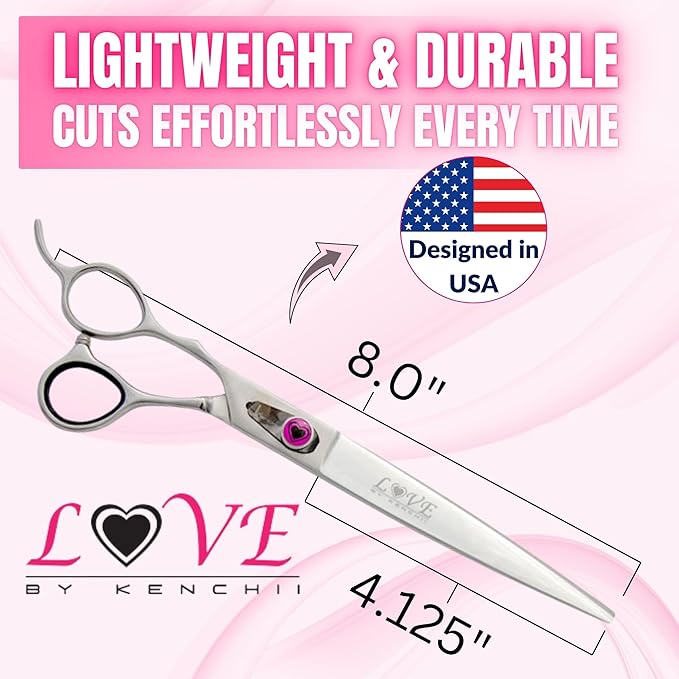 Kenchii Love Left Handed Dog Grooming Scissors, 8 Inch Straight Shears, Dog Scissors for Grooming, Professional Pet Grooming Scissors, Ergonomic & Comfortable-Mewly Pet